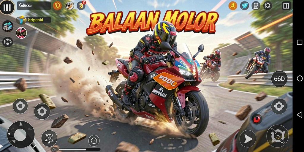 Tangkapan layar game 66D yang menampilkan balapan motor yang seru.
