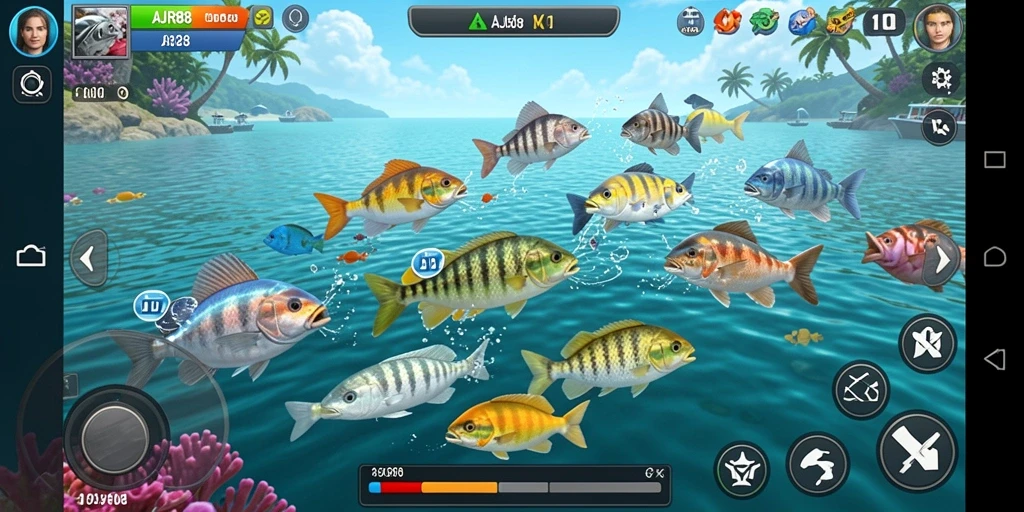 Tampilan layar permainan AJR88 dengan ikan yang berwarna-warni.