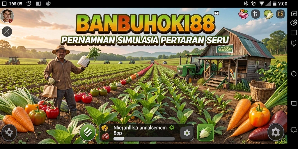 Screenshot gameplay <strong>BANBUHOKI88</strong> menunjukkan ladang yang subur dan aktivitas bertani yang seru.