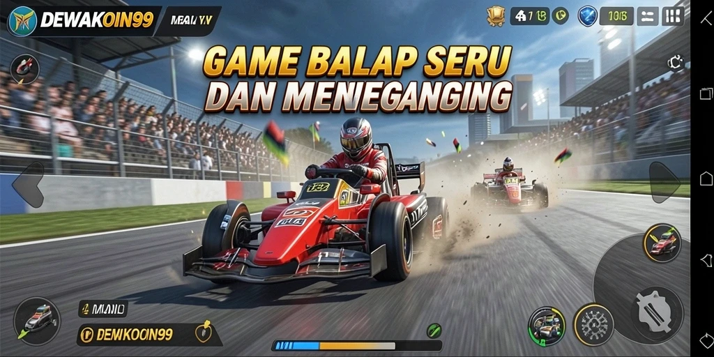 Screenshot gameplay DEWAKOIN99 menampilkan mobil balap di lintasan menegangkan.