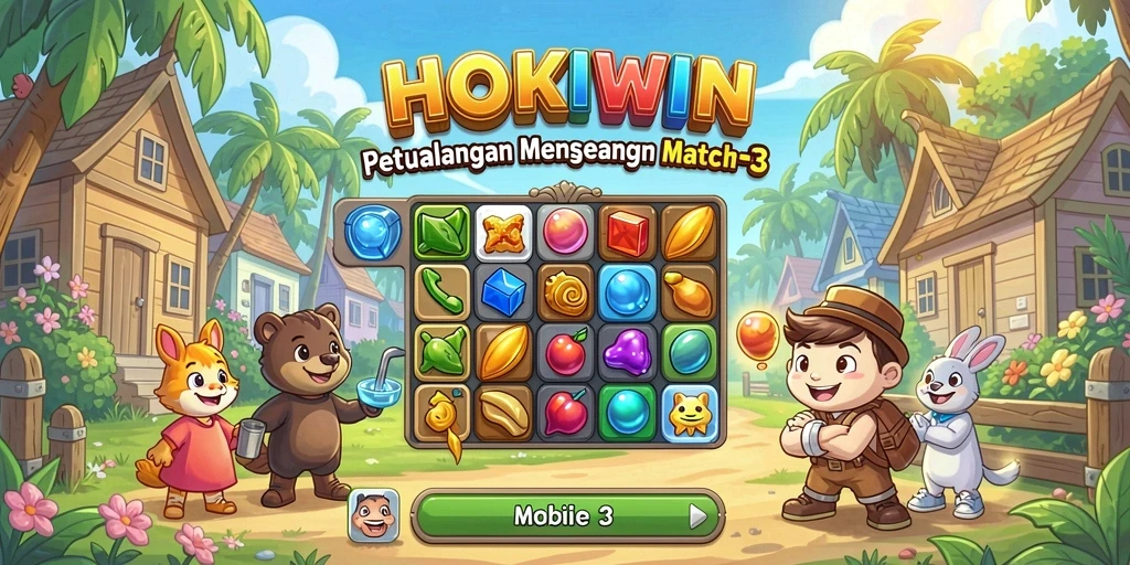 Tangkapan layar gameplay HOKIWIN dengan aksi mencocokkan batu permata.