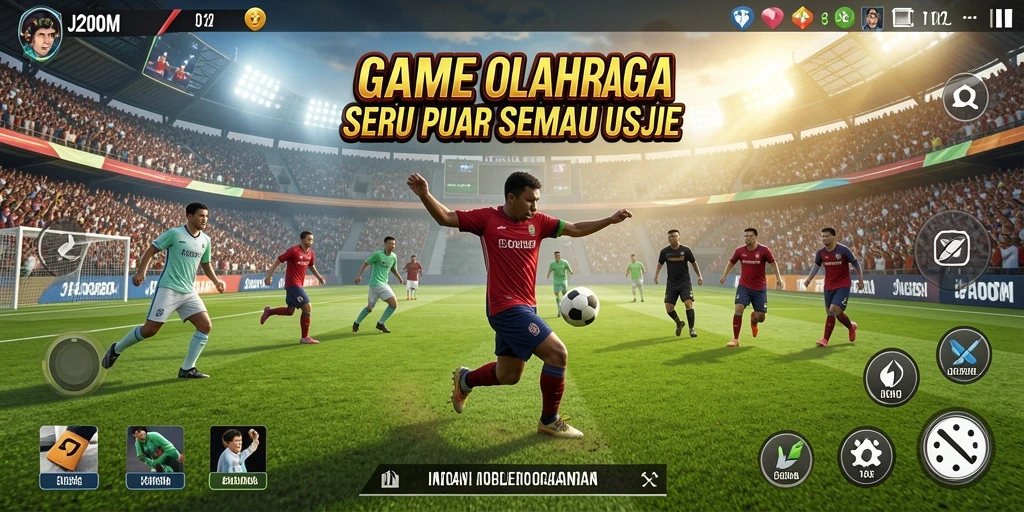Tangkapan layar gameplay J200M menampilkan aksi seru di lapangan olahraga.