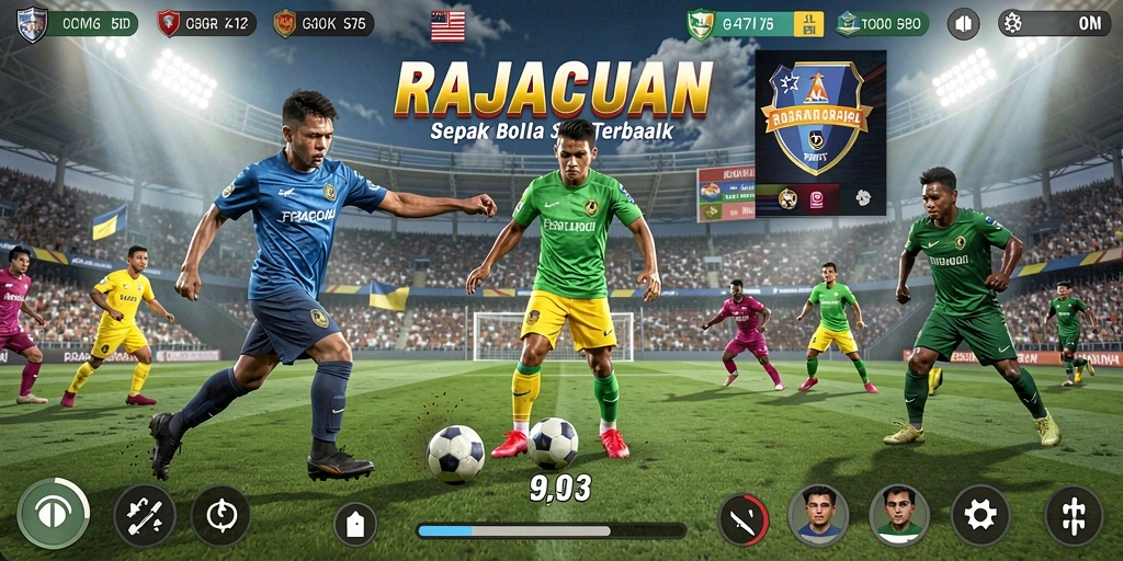 Tampilan gameplay mendebarkan dari RAJACUAN yang penuh aksi sepak bola.