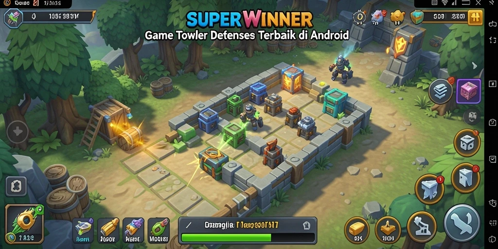 Tangkapan layar utama SUPERWINNER menampilkan aksi seru dalam permainan Tower Defense.