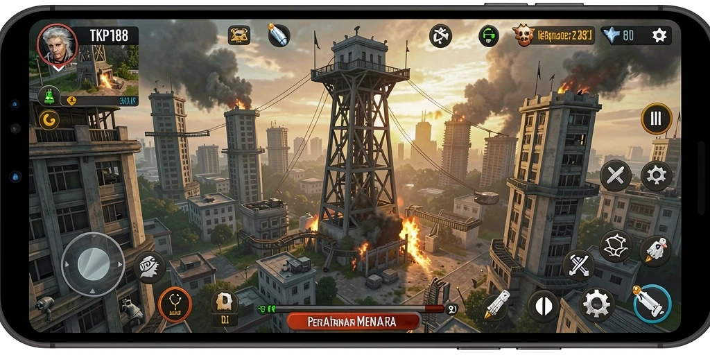 Tampilan gameplay TKP188 dengan pertahanan menara yang strategis.