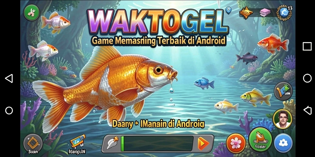 Tangkapan layar utama WAKTOGEL menampilkan gameplay memancing yang mendebarkan.