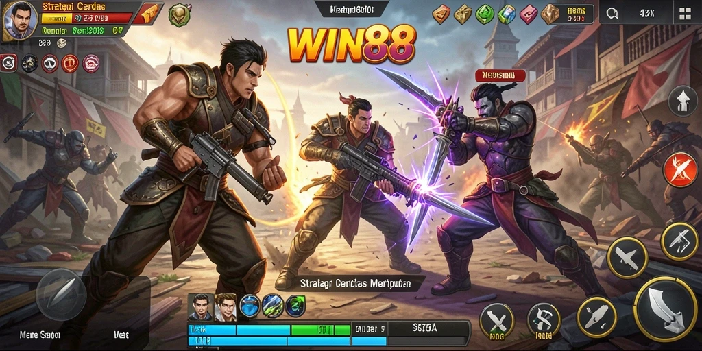 Screenshot gameplay <strong>WIN88</strong> menampilkan strategi pertempuran yang mendebarkan.